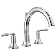 Chrome three-piece roman tub faucet with curved spout and lever handles on circular bases.