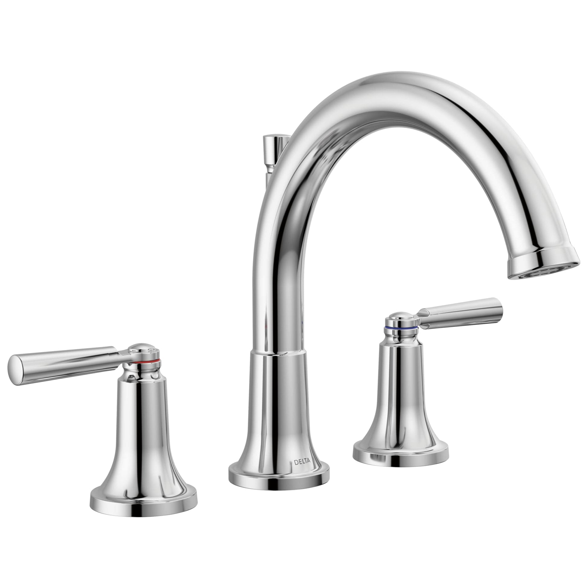 Chrome three-piece roman tub faucet with curved spout and lever handles on circular bases.