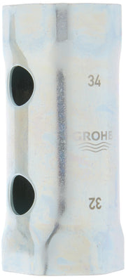 Chrome socket spanner with two black circular openings, marked "34" and "32" with Grohe logo.
