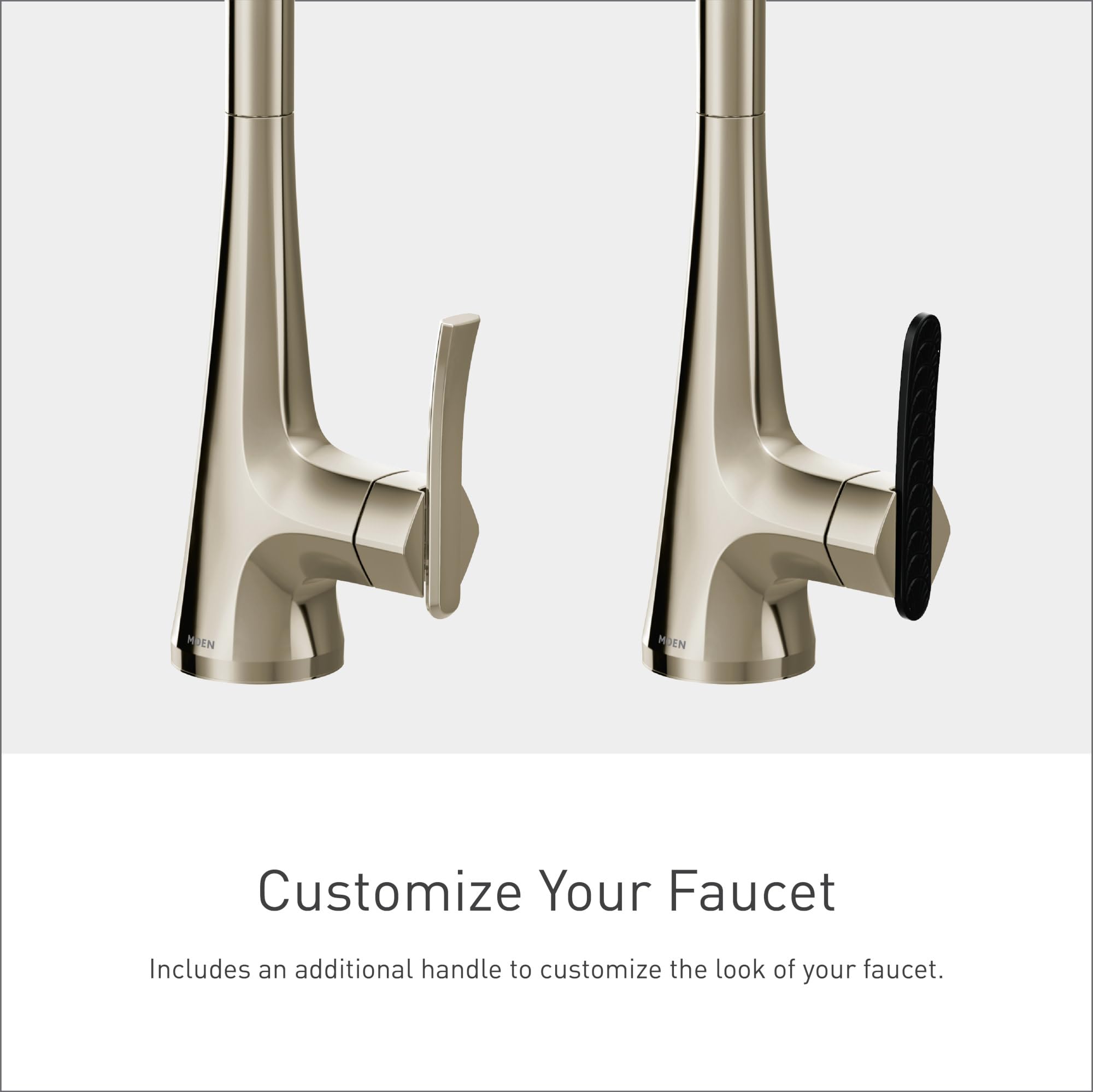 Polished nickel high-arc kitchen faucet with pulldown sprayer shown with two interchangeable handle options.