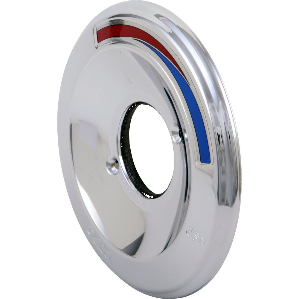 Chrome circular escutcheon plate with red and blue temperature indicator stripes and central opening for valve installation.