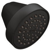 Matte black fixed showerhead with multiple spray nozzles and curved mounting arm.