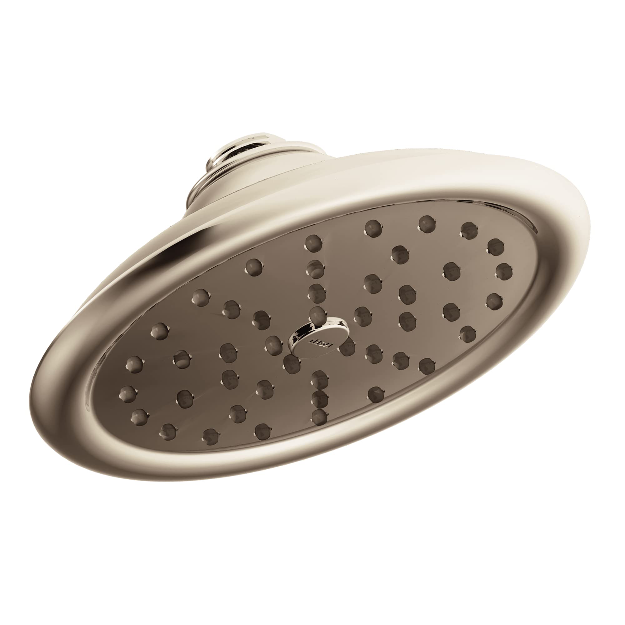Polished nickel rainshower showerhead with oval shape and multiple spray jets.