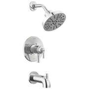 Chrome tub and shower trim set with round showerhead, curved arm, wall-mounted valve with lever handle, and tub spout.