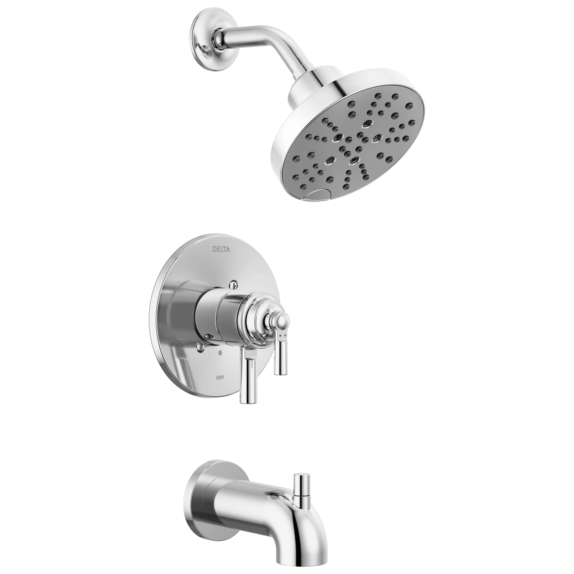 Chrome tub and shower trim set with round showerhead, curved arm, wall-mounted valve with lever handle, and tub spout.