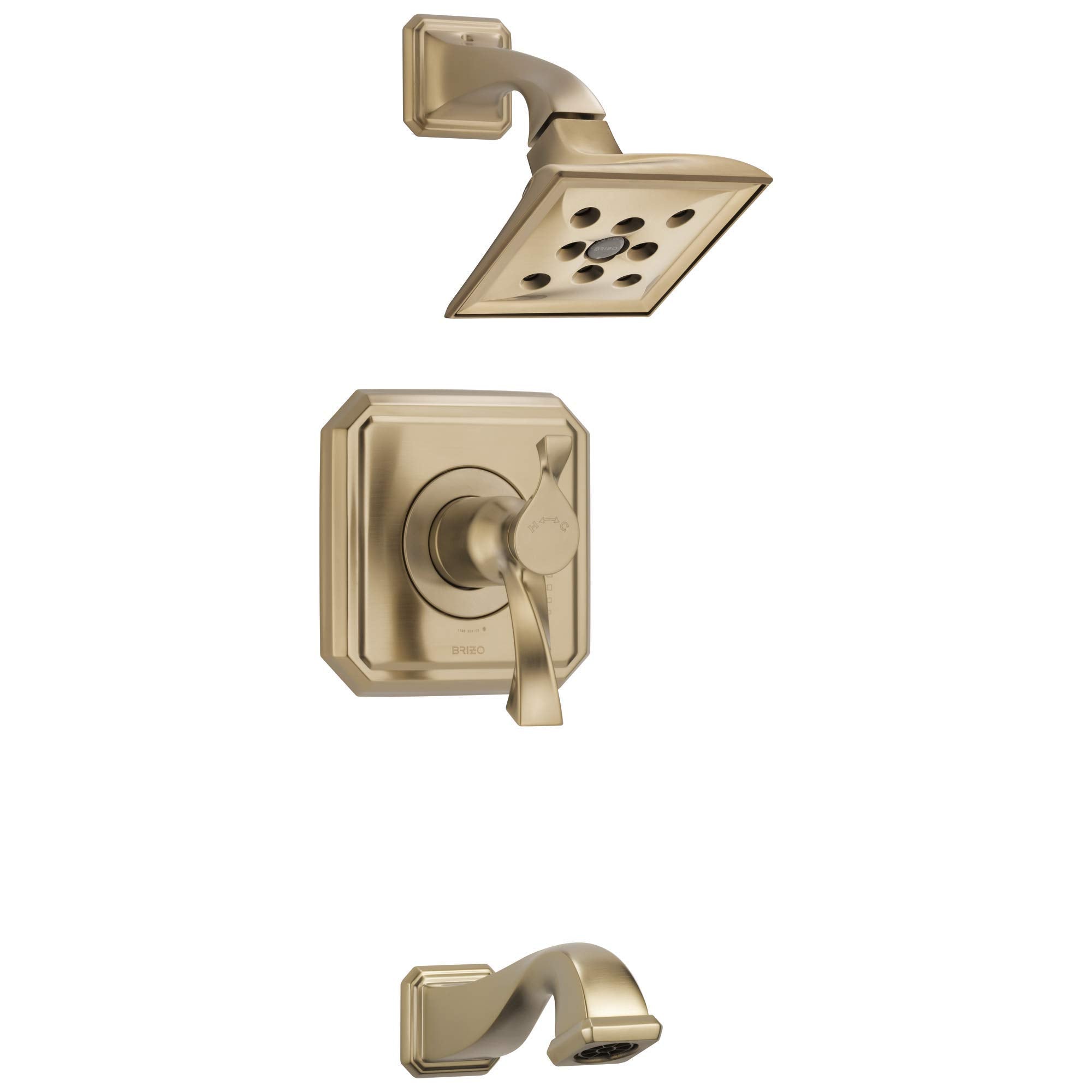 Brushed champagne bronze thermostatic tub and shower valve with square showerhead, control handle, and tub spout.