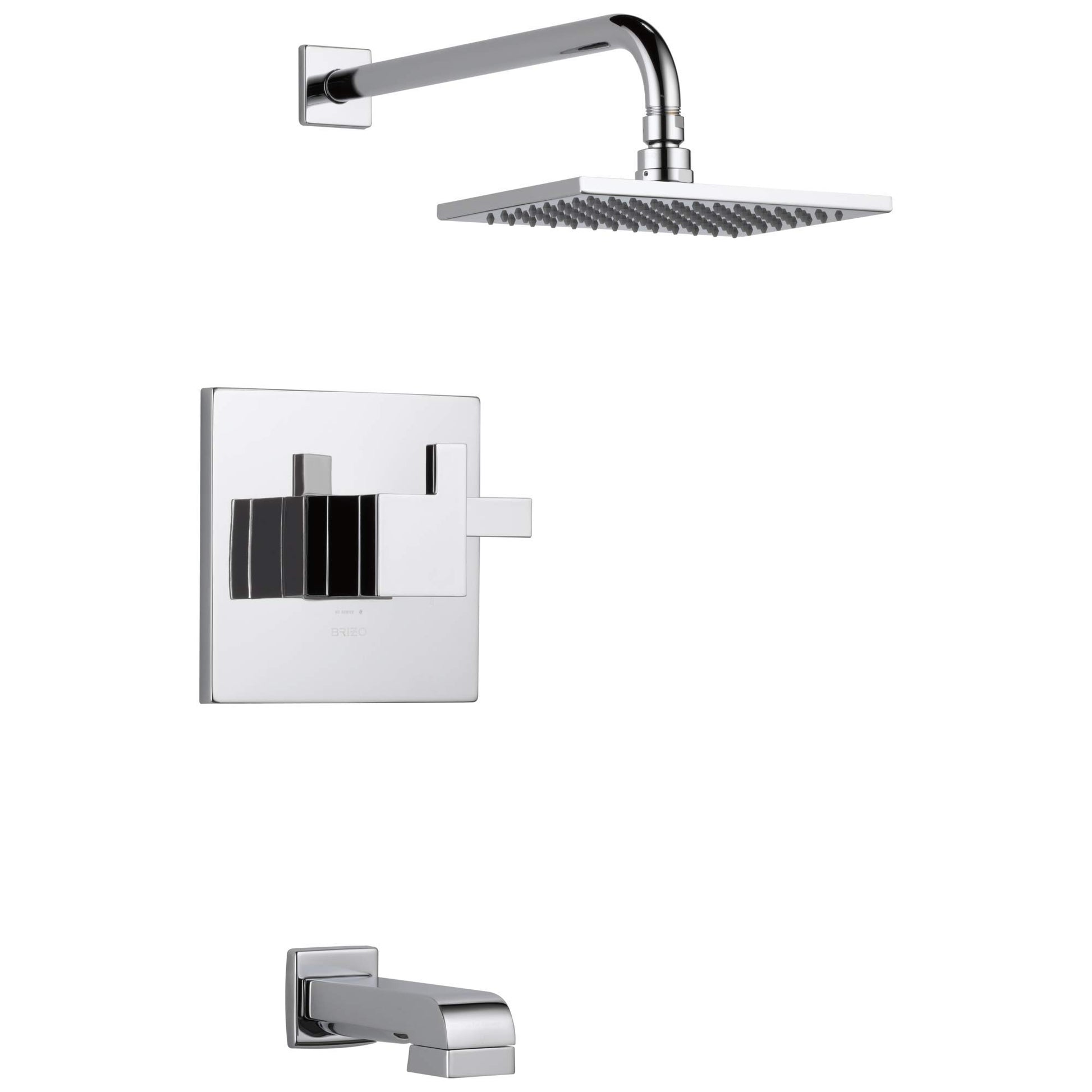 Chrome thermostatic shower trim with square wall-mounted valve, overhead rainfall showerhead, and tub spout.