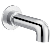 Chrome tub spout with curved outlet and round wall flange for slip fit connection.