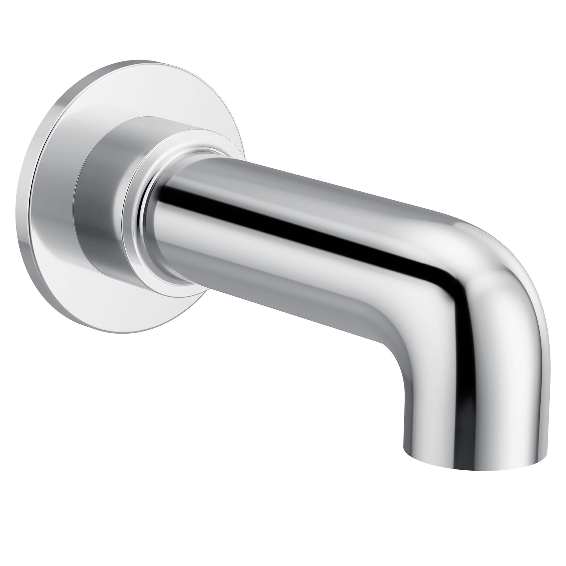 Chrome tub spout with curved outlet and round wall flange for slip fit connection.