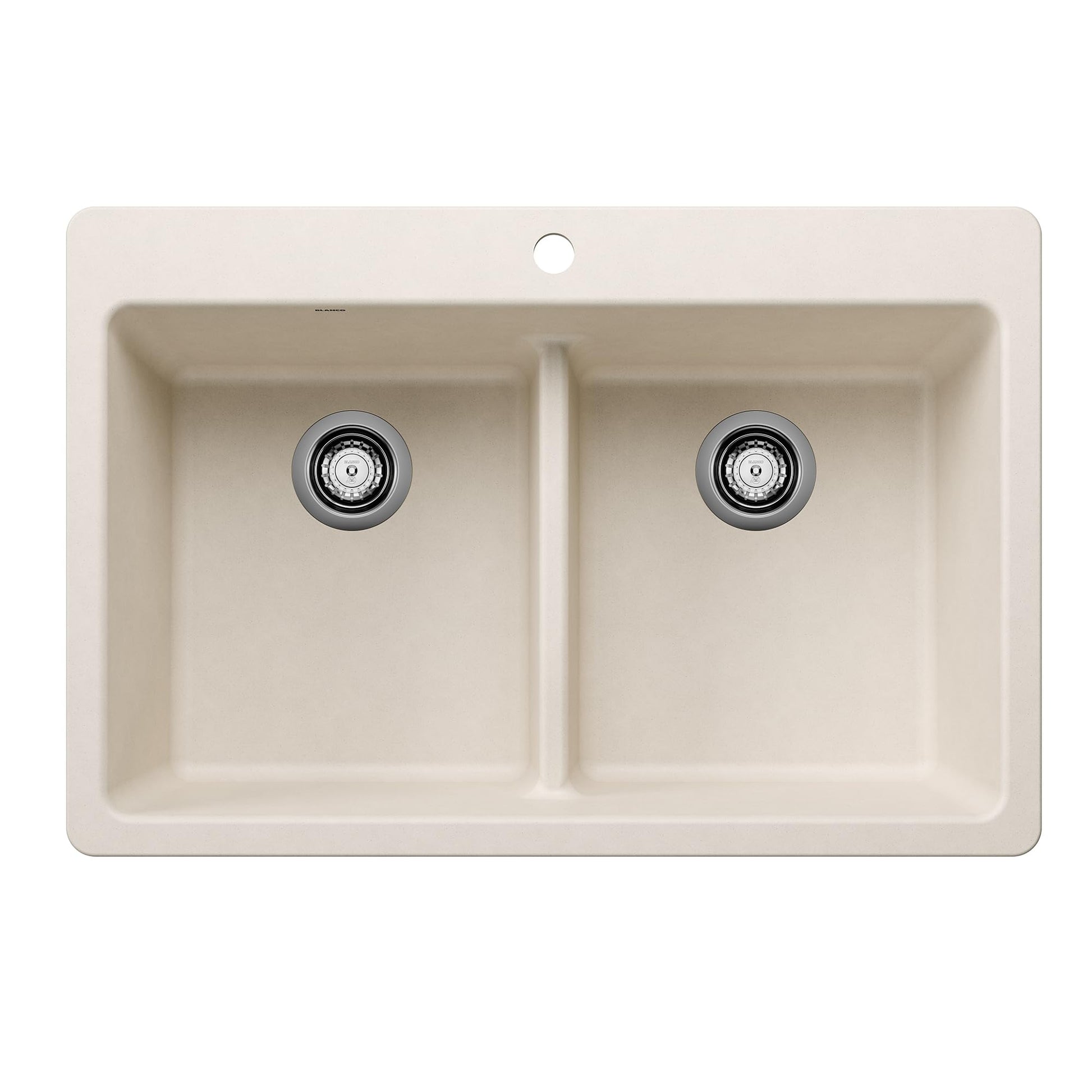 Soft white double bowl drop-in sink with two equal-sized basins and low divide, featuring stainless steel drains.