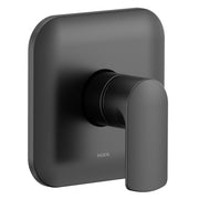 Moen Rizon matte black single-handle shower trim with rounded rectangular escutcheon and lever handle.