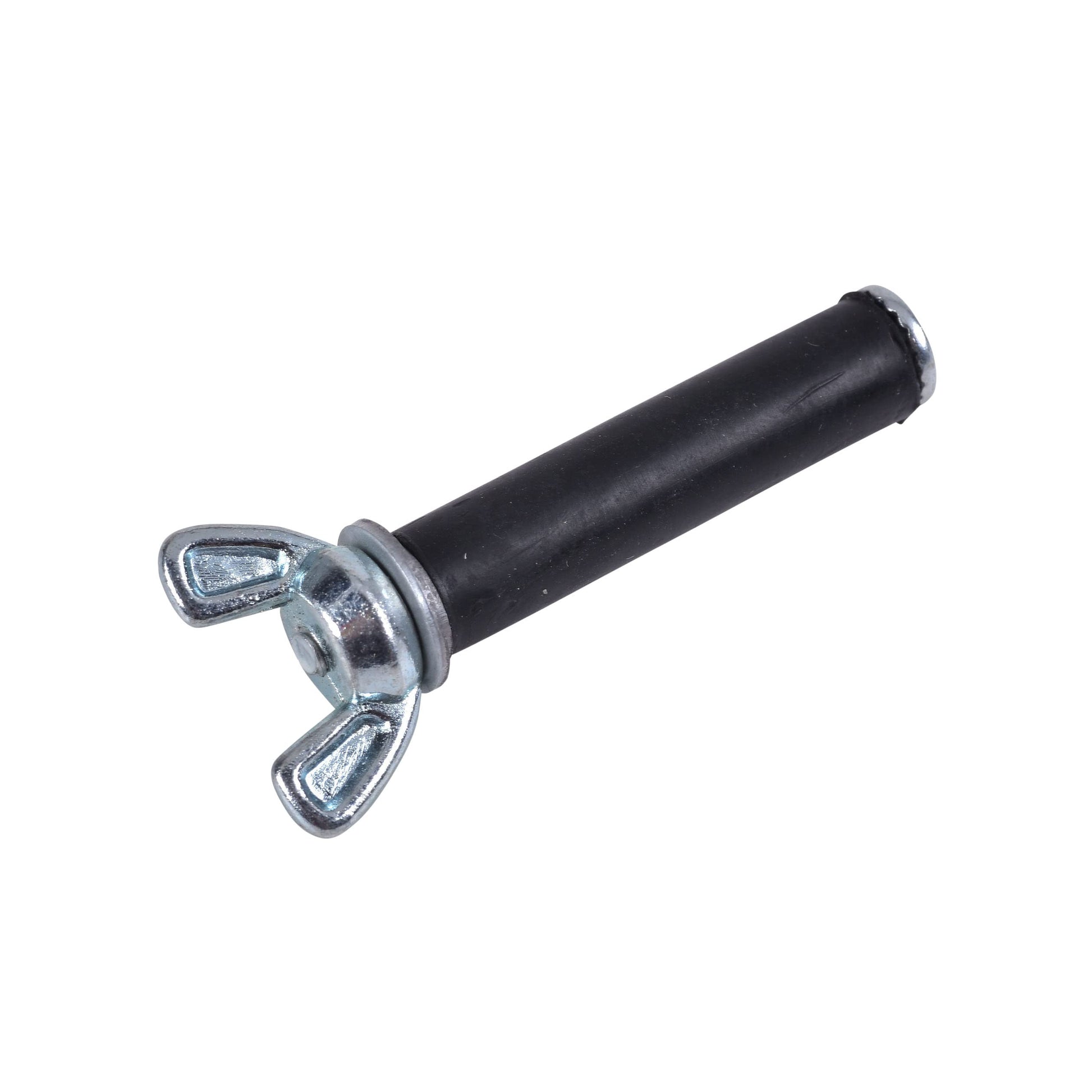 Black mechanical test plug with metal wing nut handle and threaded end for pipe connections.