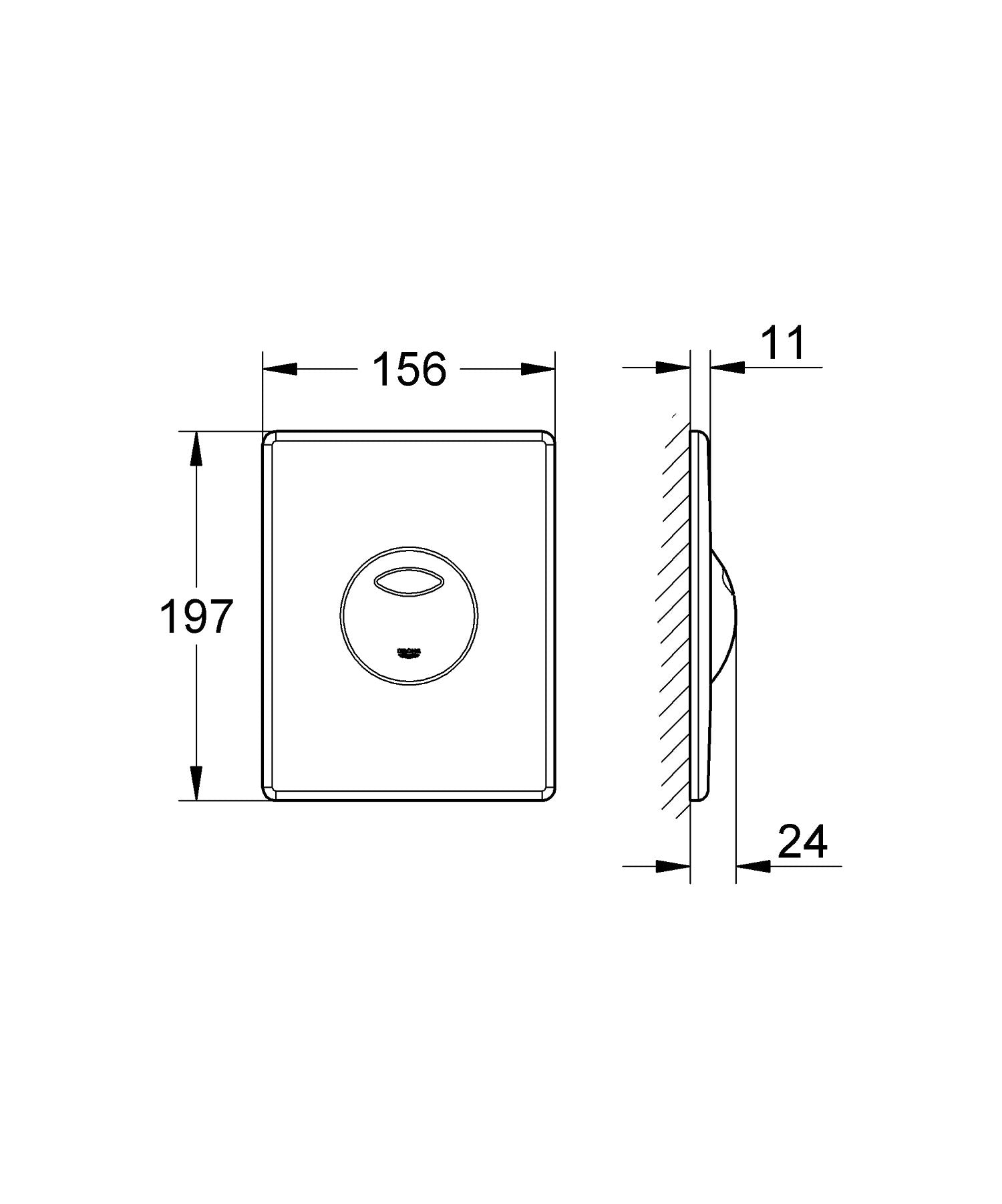 Rectangular chrome wall plate with circular outlet opening, dimensions 156mm wide by 197mm tall, 24mm depth.