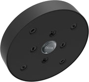 Matte black round raincan shower head with multiple spray jets and Delta logo center medallion.