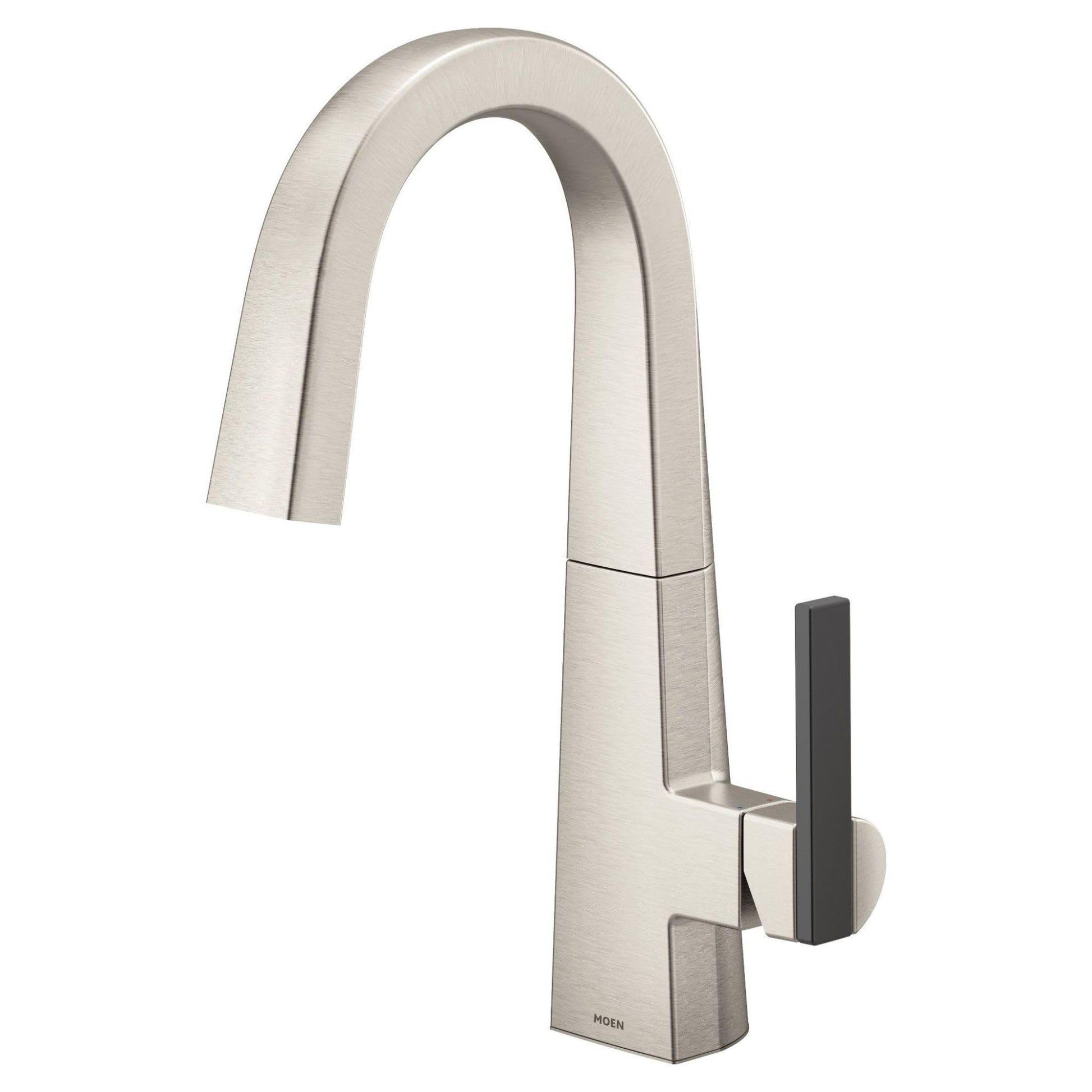 Moen Nio bar faucet with curved spout, stainless steel finish, and black single handle.