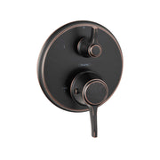 Round rubbed bronze thermostatic shower trim with two circular control handles and temperature/volume adjustment knobs.