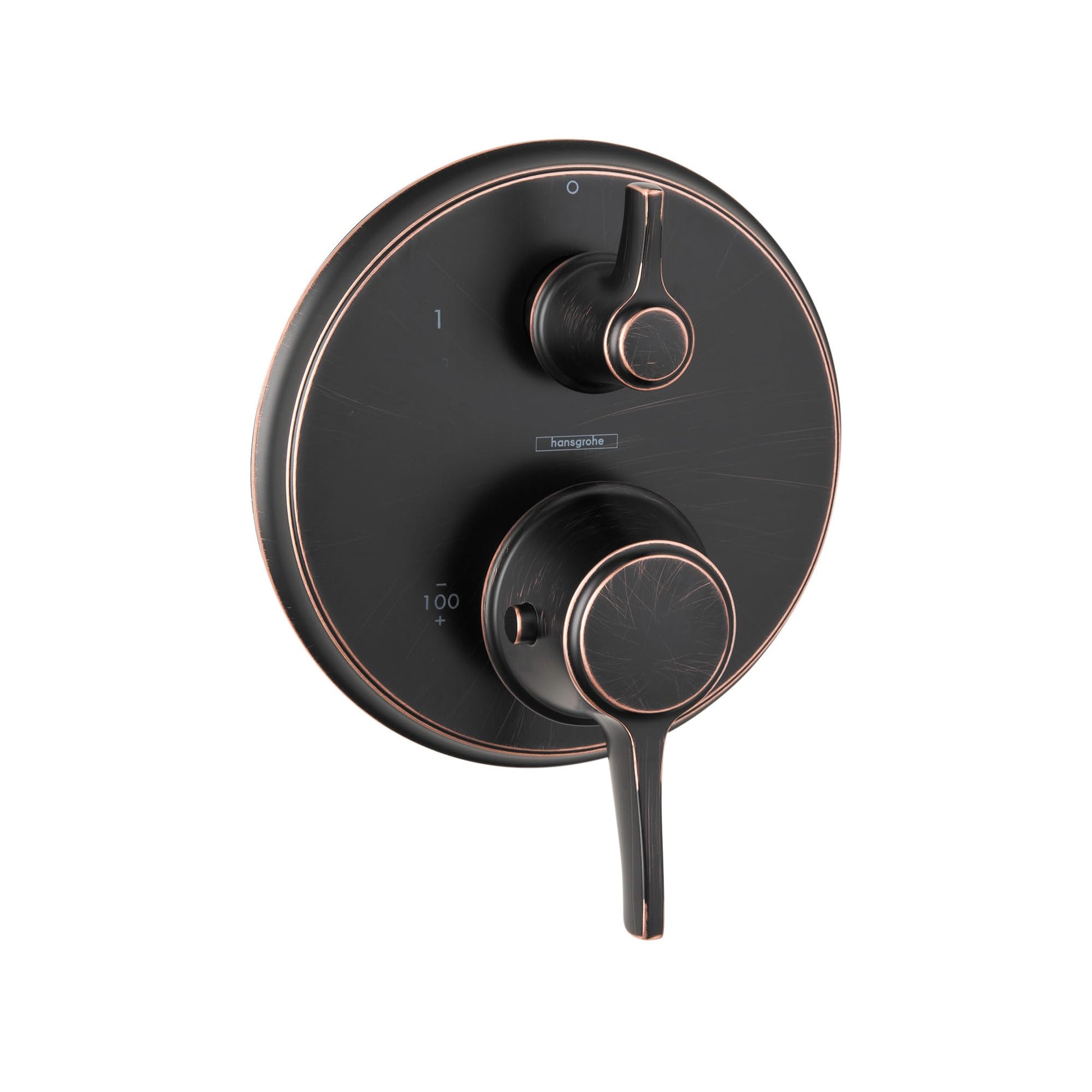 Round rubbed bronze thermostatic shower trim with two circular control handles and temperature/volume adjustment knobs.