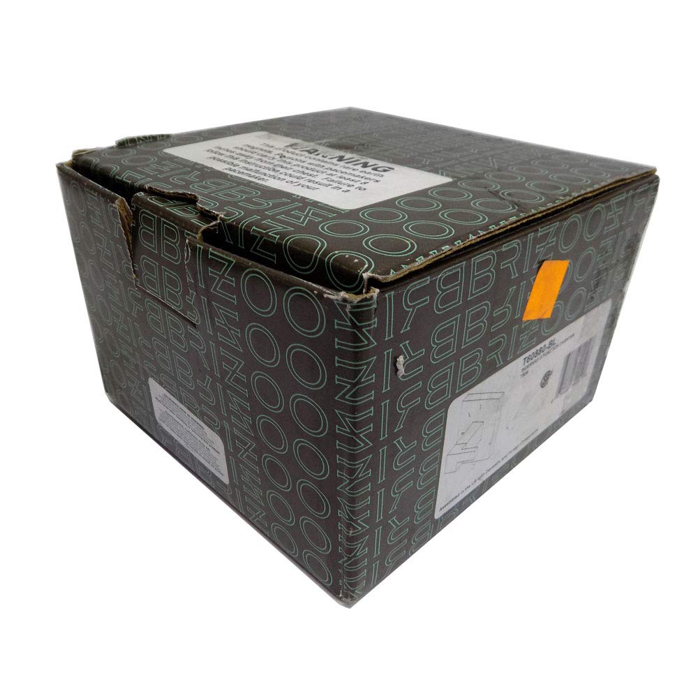 Brizo branded cardboard packaging box with repeated logo pattern and orange label tab on side.