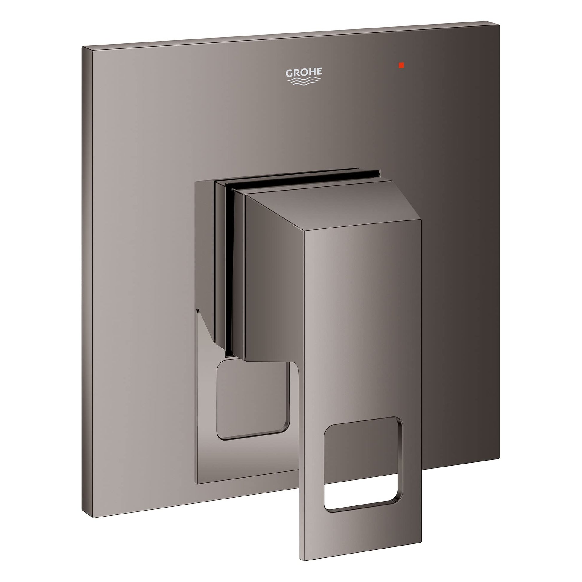 Grohe Eurocube pressure balance valve trim in hard graphite with square backplate and cartridge handle.