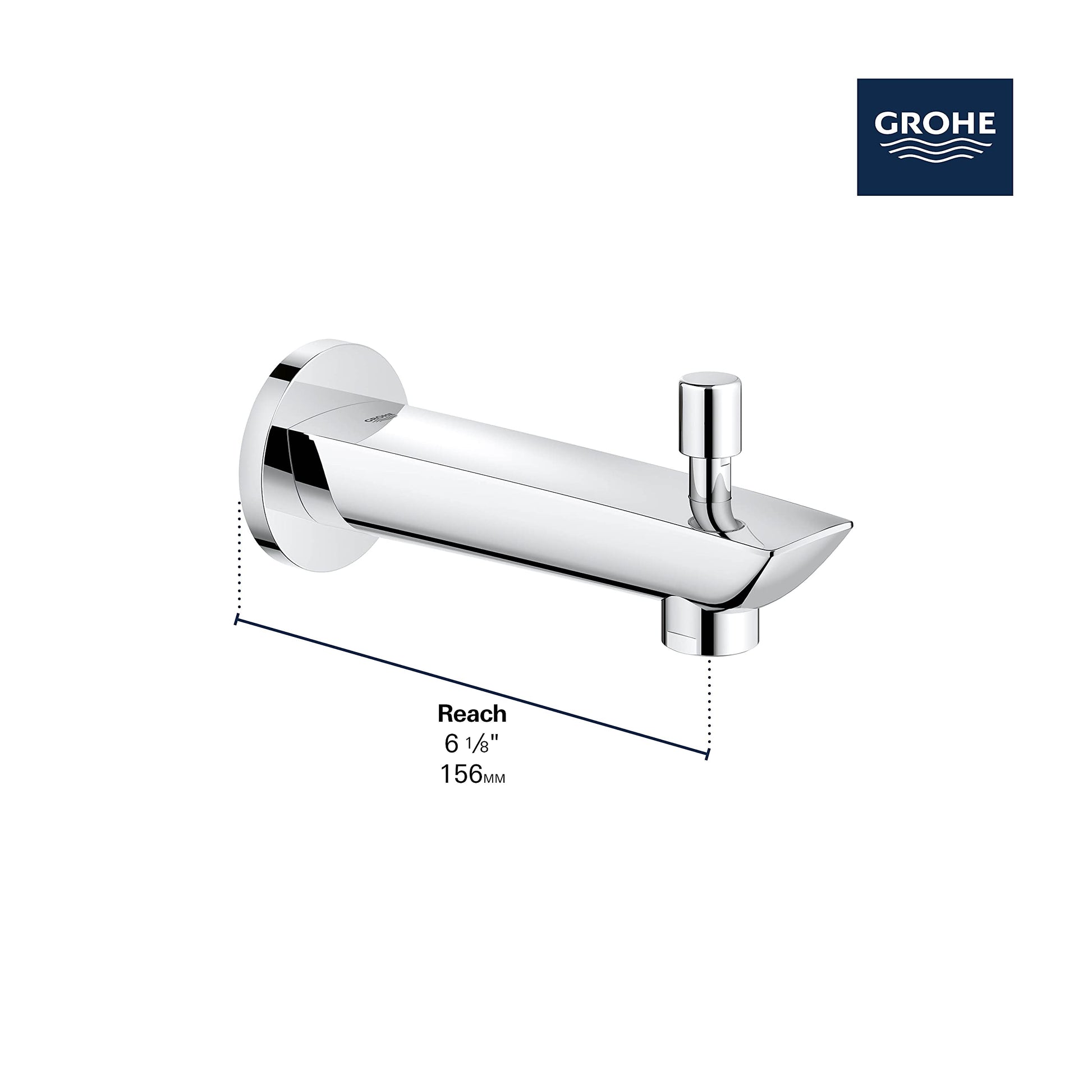 Chrome tub spout with diverter lever and wall-mounted circular flange, 6.1 inches reach.