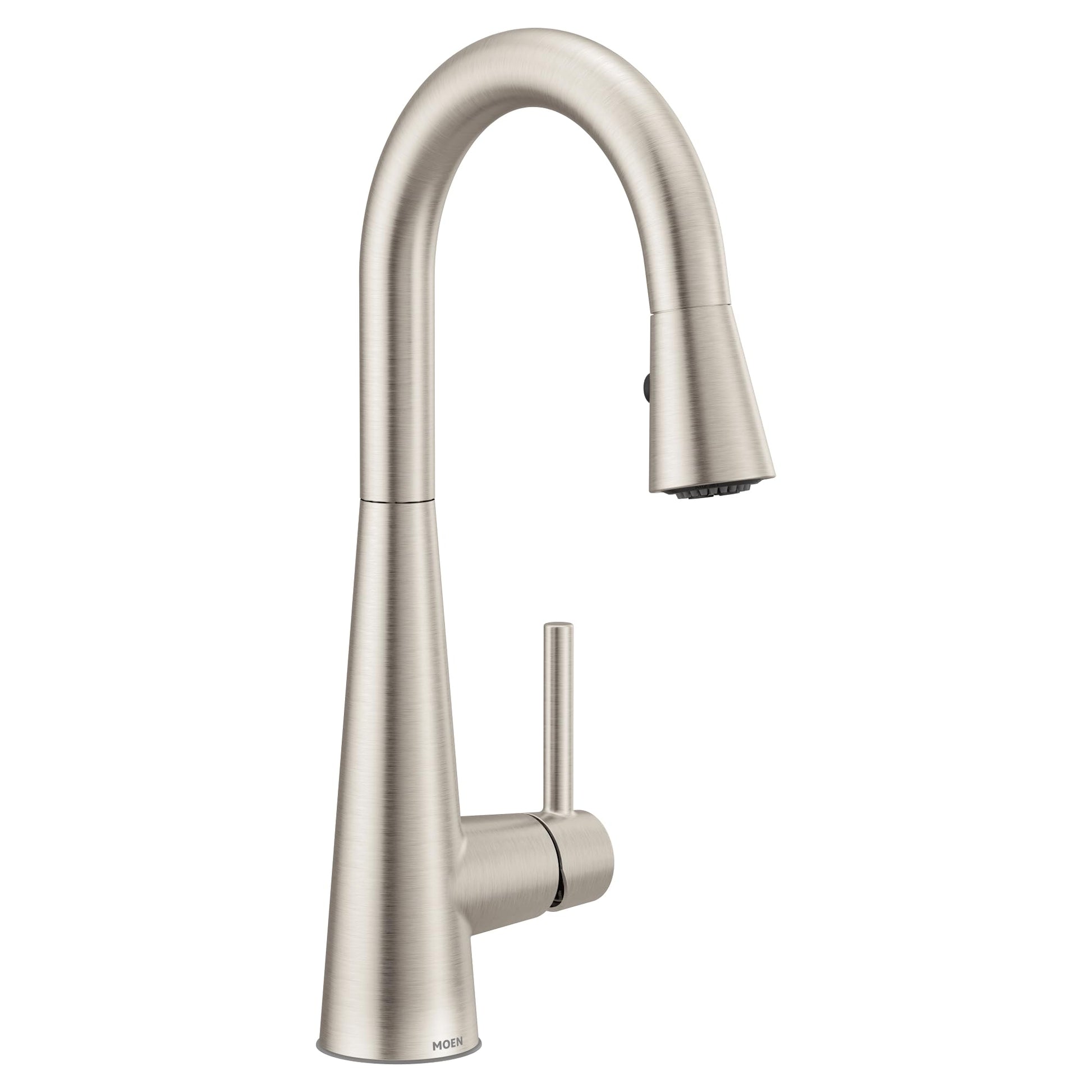 Stainless steel pulldown bar faucet with high arc spout, single handle, and brushed finish.