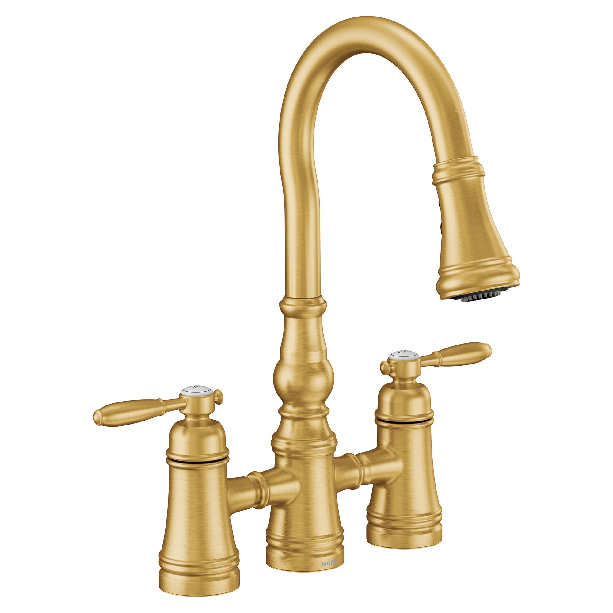 Brushed gold bridge kitchen faucet with two handles, curved pulldown spout, and tapered body with decorative rings.
