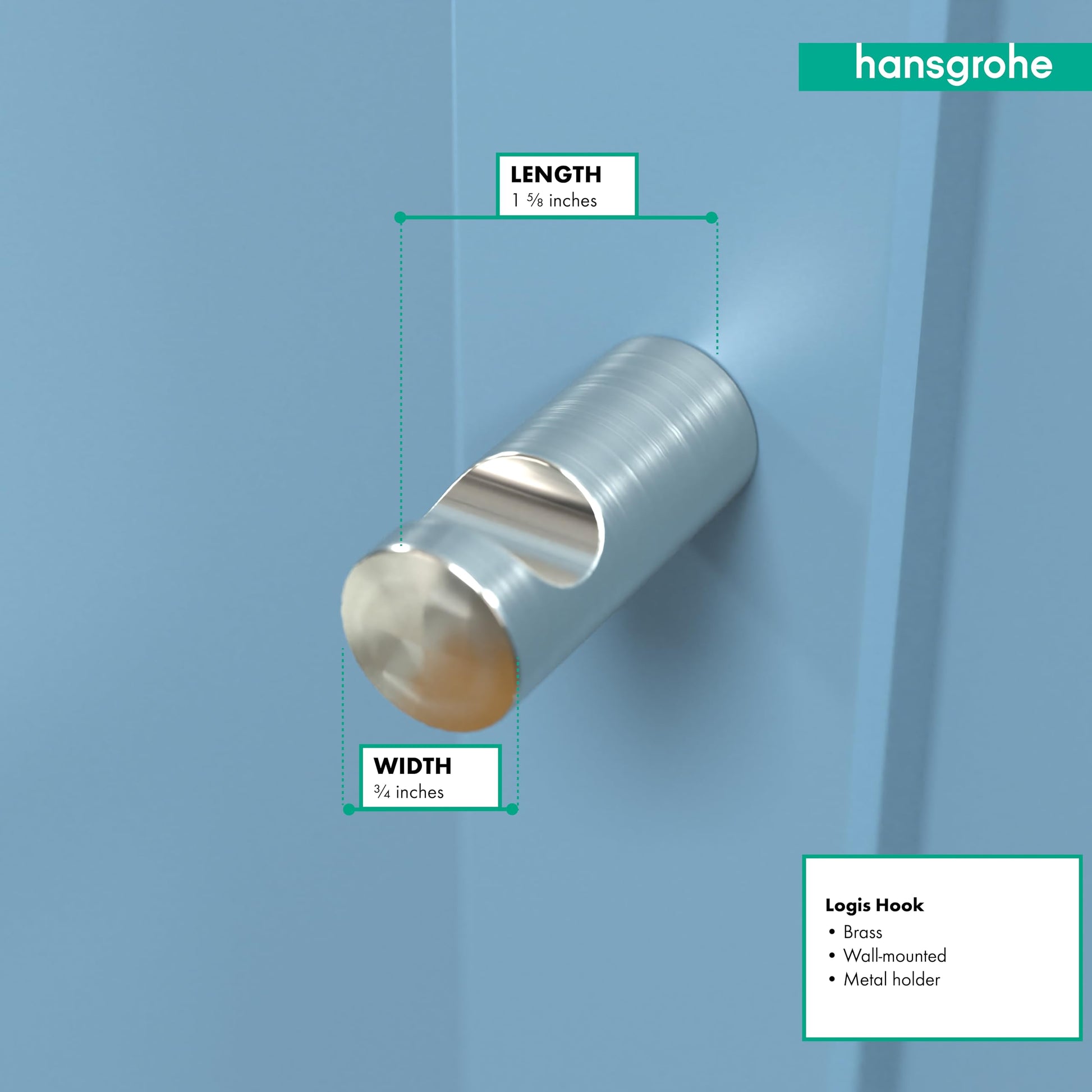 Brushed nickel wall-mounted hook with cylindrical body and rounded end, 1 5/8 inches long and 3/4 inches wide.