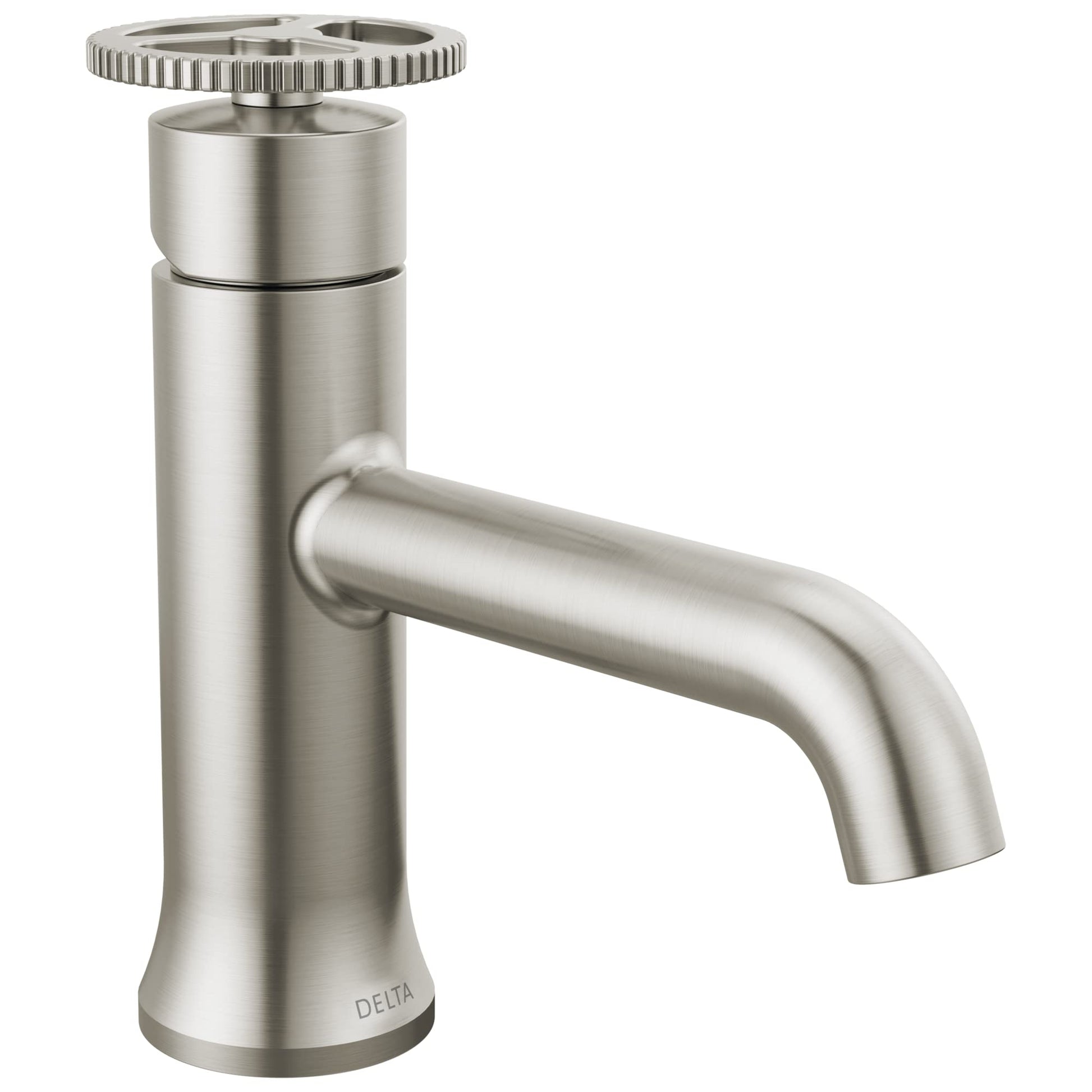 Brushed nickel single-handle bathroom faucet with cylindrical body, curved spout, and ridged wheel handle on top.