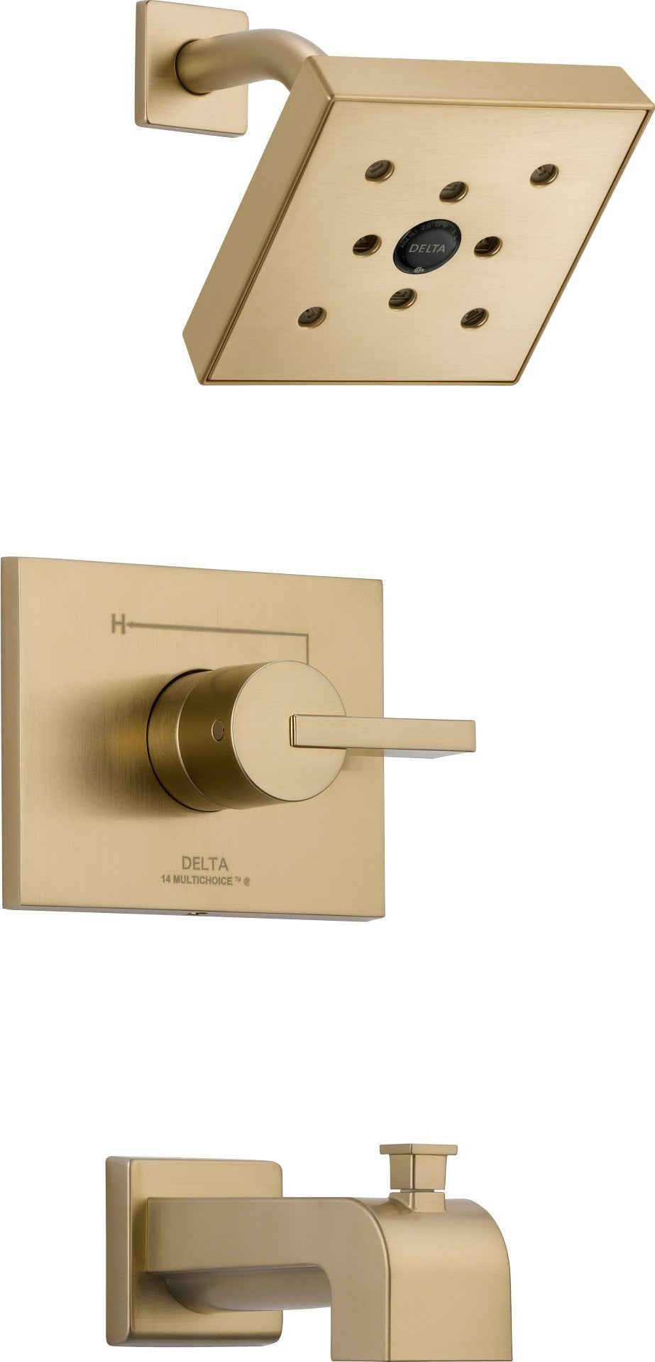 Champagne gold tub and shower trim with square showerhead, lever handle, and tub spout.