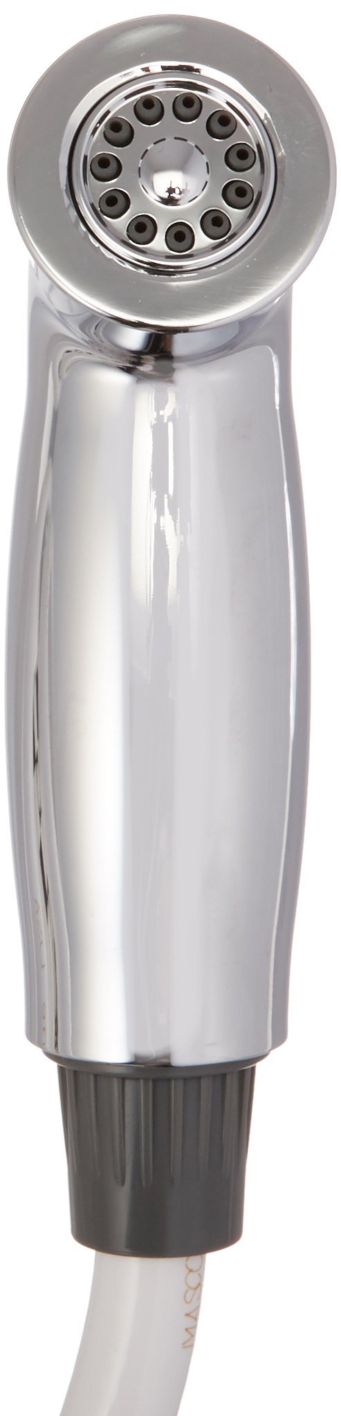 Chrome showerhead spray assembly with multiple spray holes and rubberized grip handle.