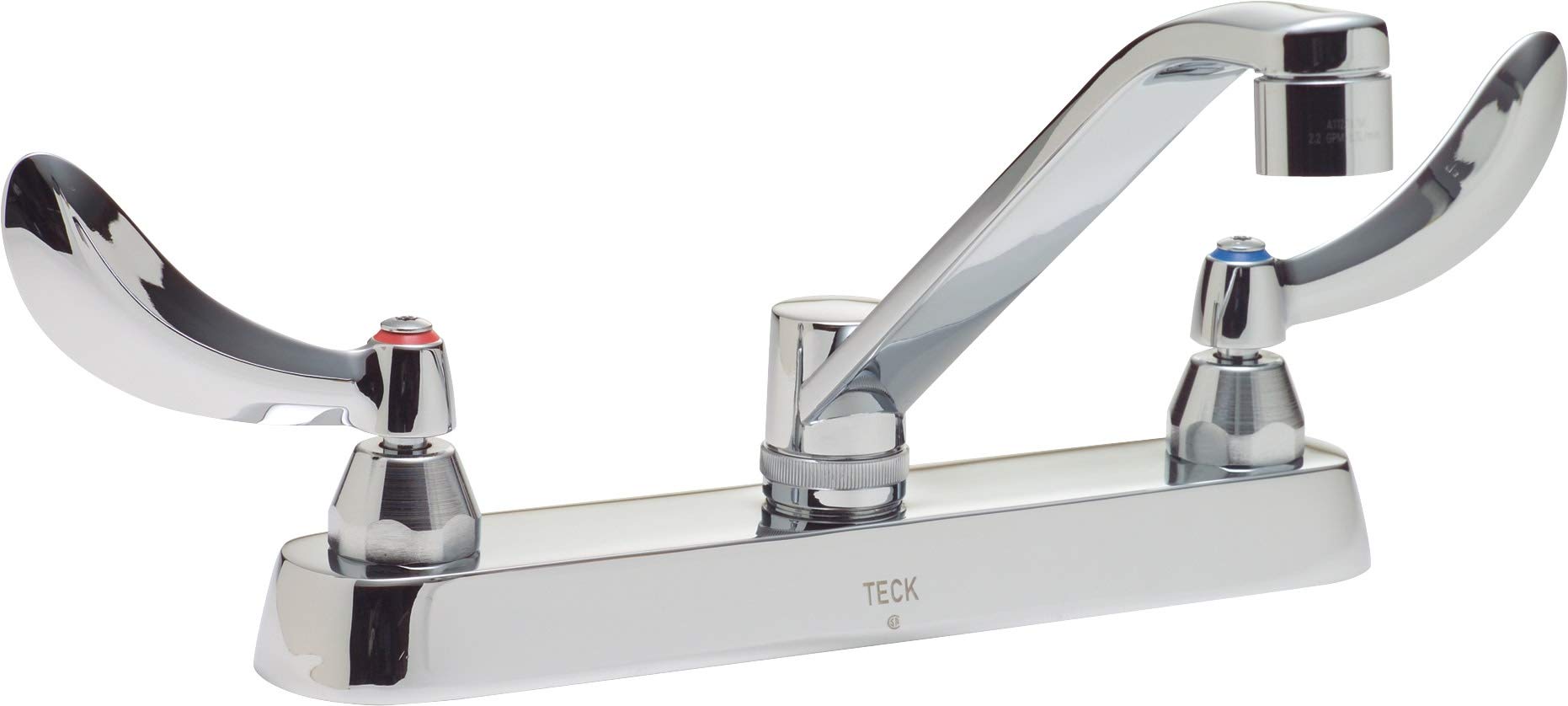 Chrome deck mount faucet with two lever handles and 8-inch spout.
