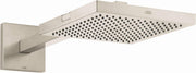 Brushed nickel square shower head with multiple spray jets mounted on rectangular wall arm.