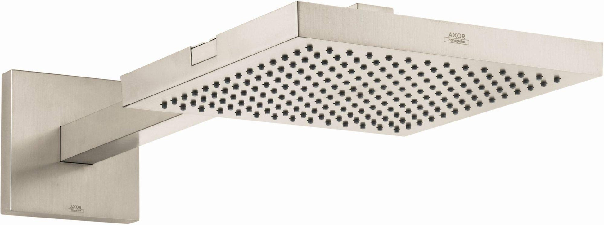 Brushed nickel square shower head with multiple spray jets mounted on rectangular wall arm.