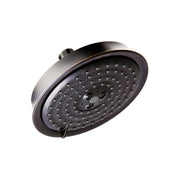 Rubbed bronze circular shower head with multiple spray jets and wall mount connection.