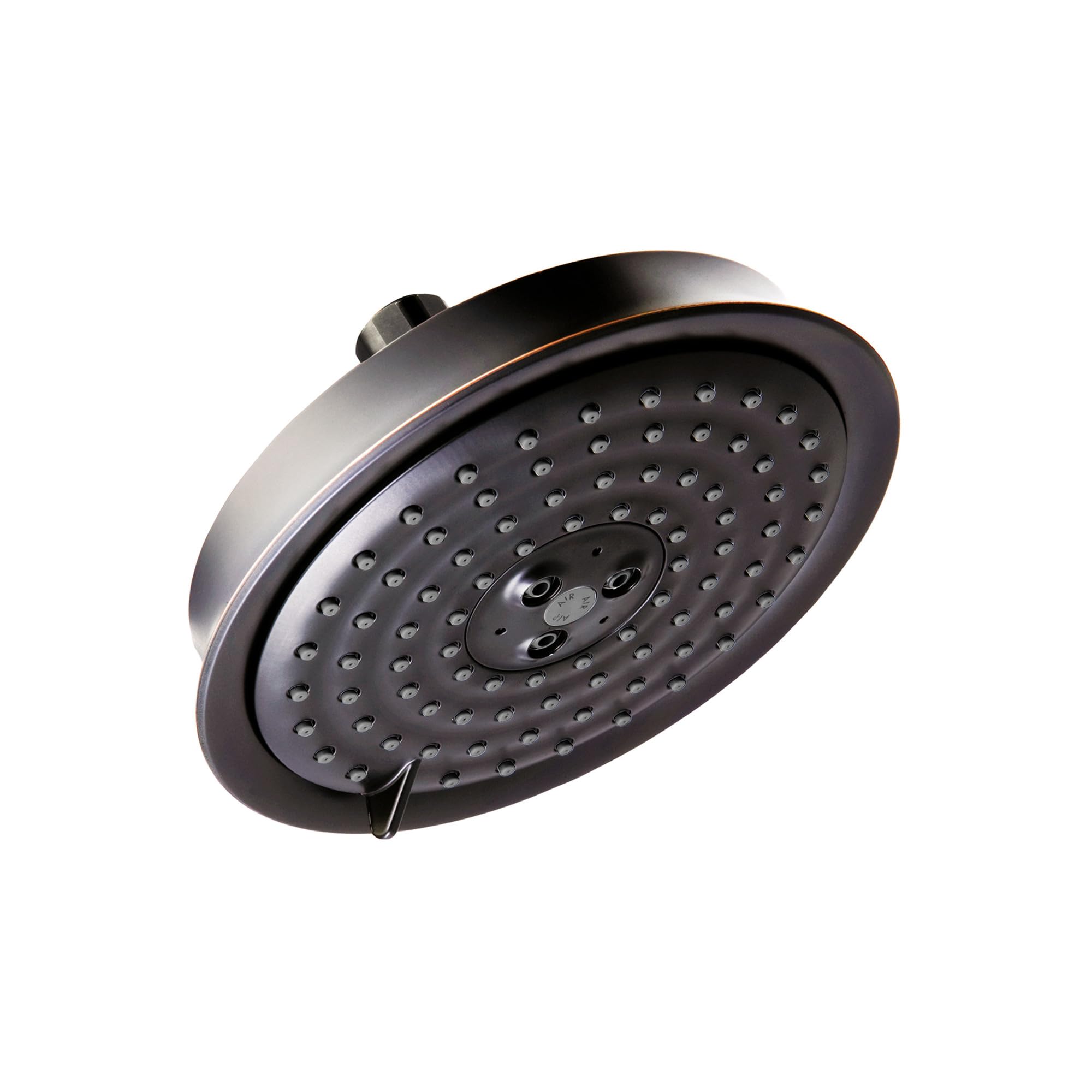 Rubbed bronze circular shower head with multiple spray jets and wall mount connection.