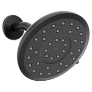 Matte black round rain shower head with multiple spray jets and wall-mounted arm.