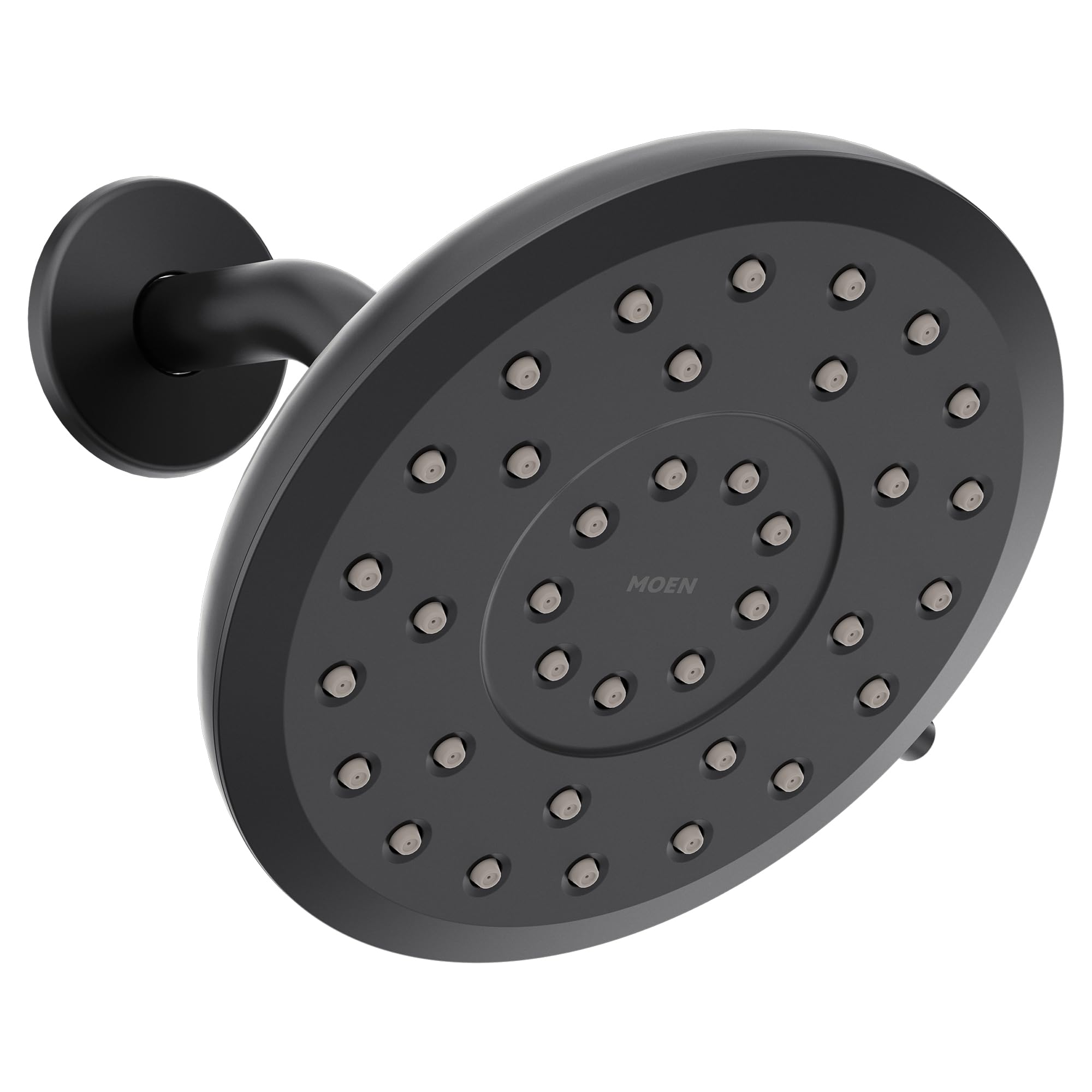 Matte black round rain shower head with multiple spray jets and wall-mounted arm.