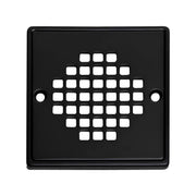 Matte black square shower strainer with grid pattern perforations and two screw holes on sides.