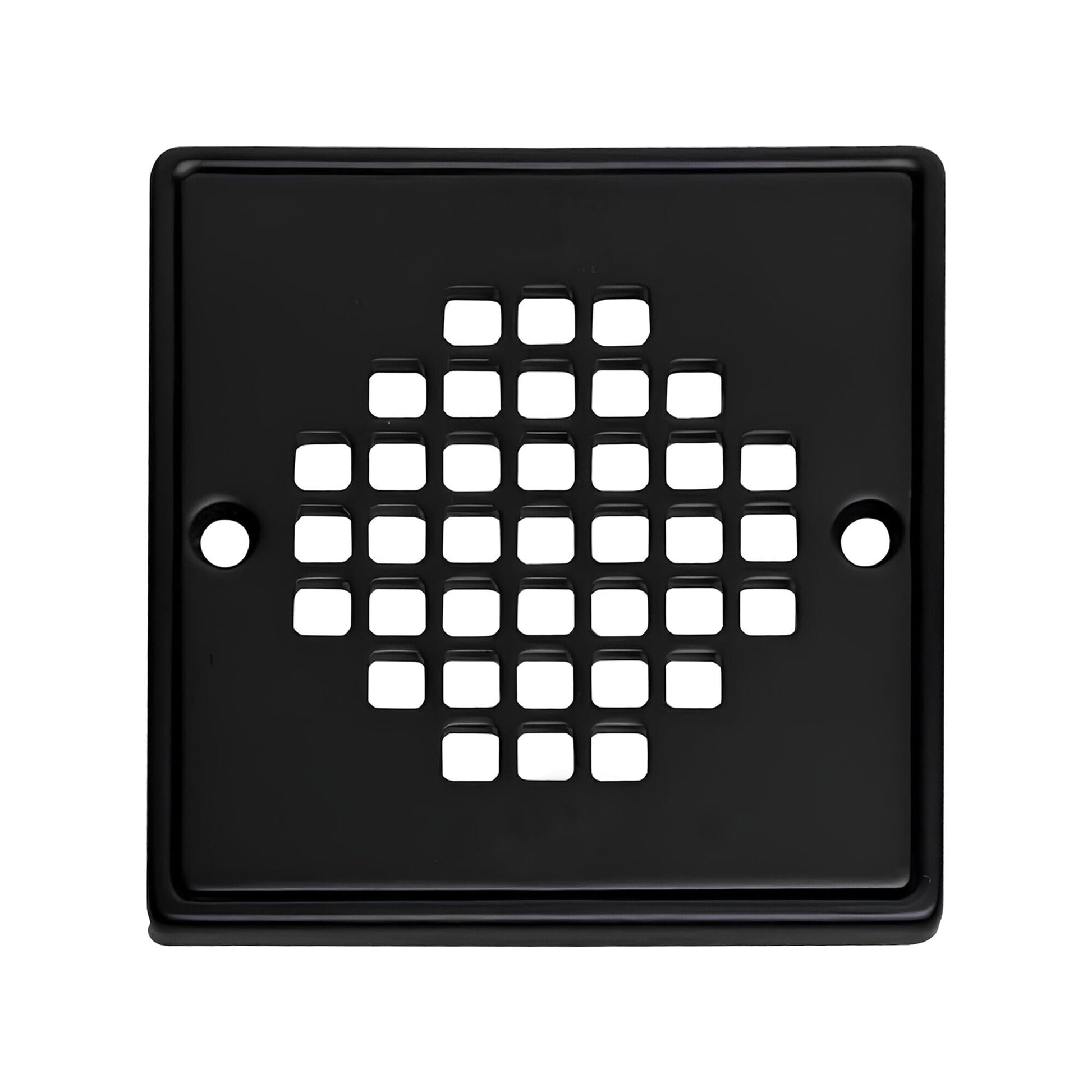 Matte black square shower strainer with grid pattern perforations and two screw holes on sides.
