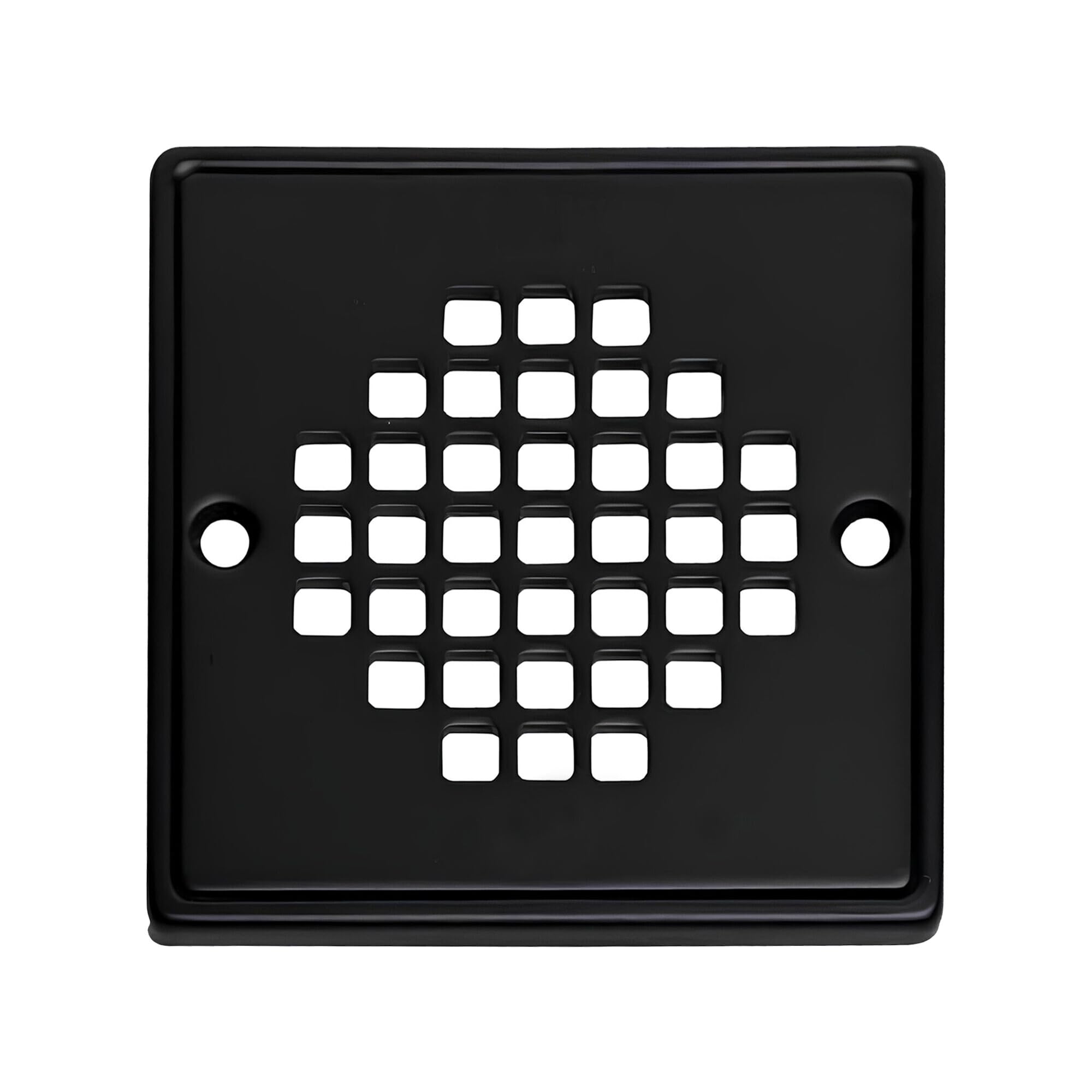 Matte black square shower strainer with grid pattern perforations and two screw holes on sides.