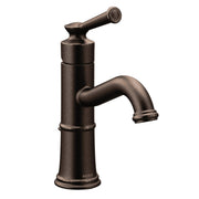 Oil rubbed bronze single-handle bathroom faucet with curved spout and round knob handle.
