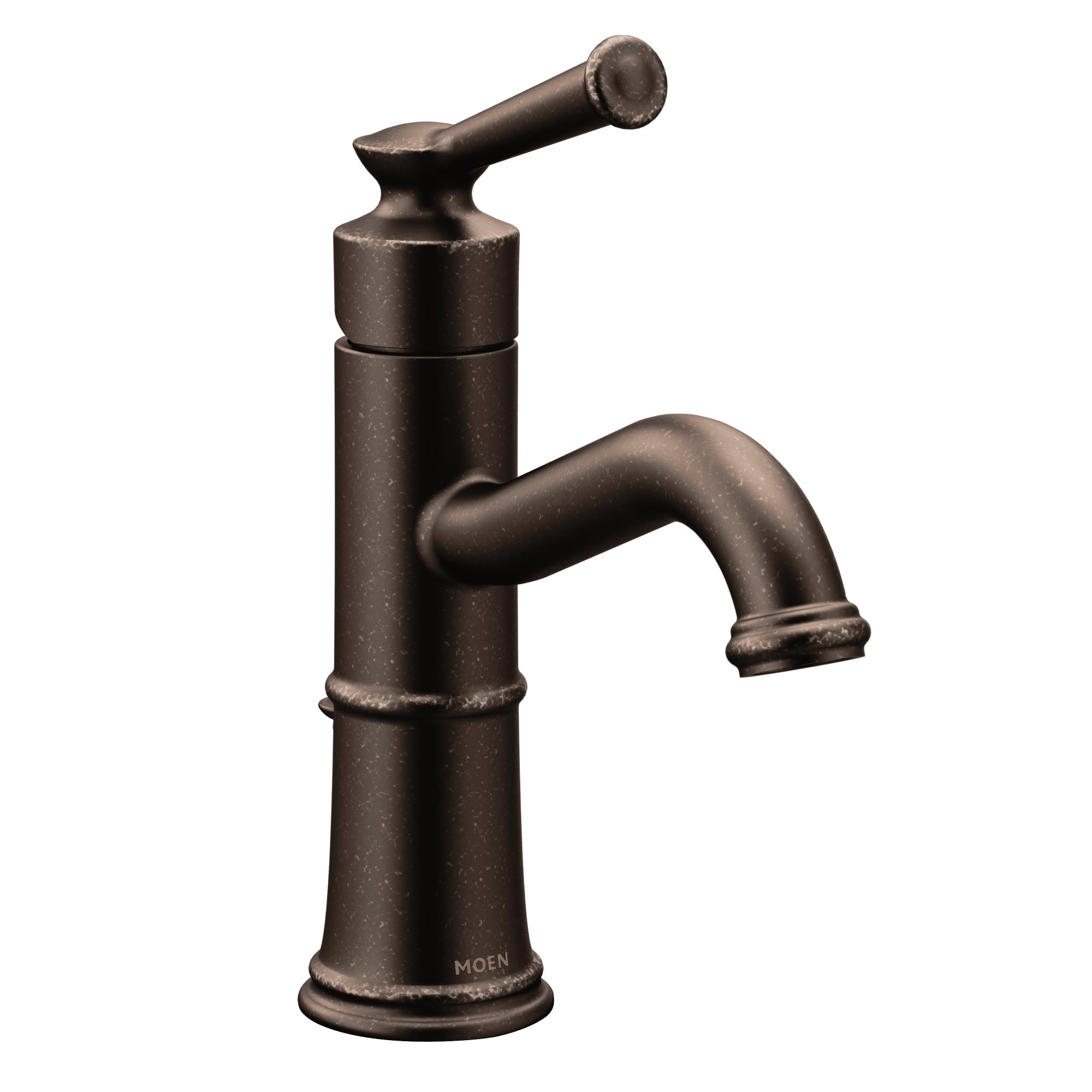 Oil rubbed bronze single-handle bathroom faucet with curved spout and round knob handle.