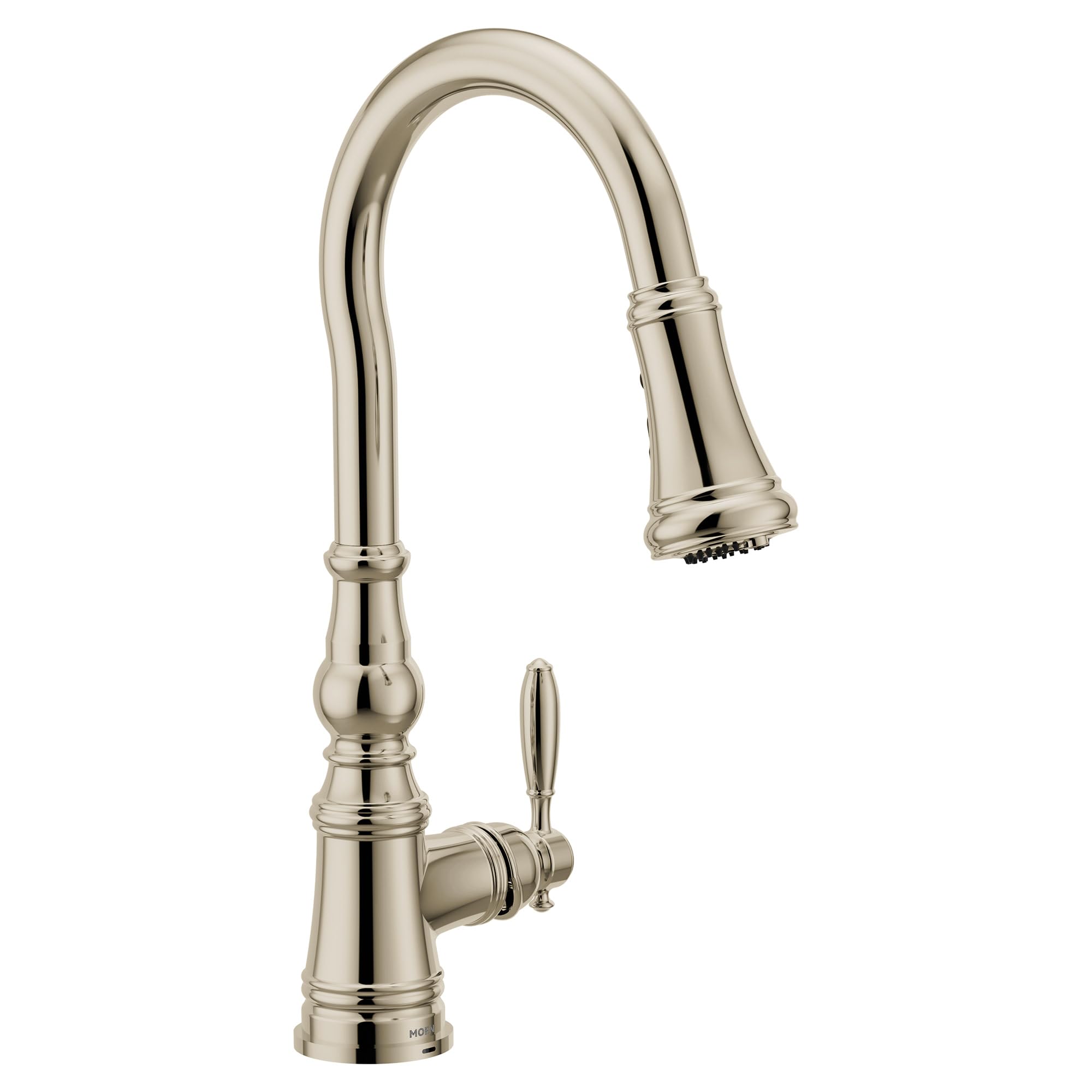 Polished nickel kitchen faucet with curved spout, pulldown spray head, and single lever handle.