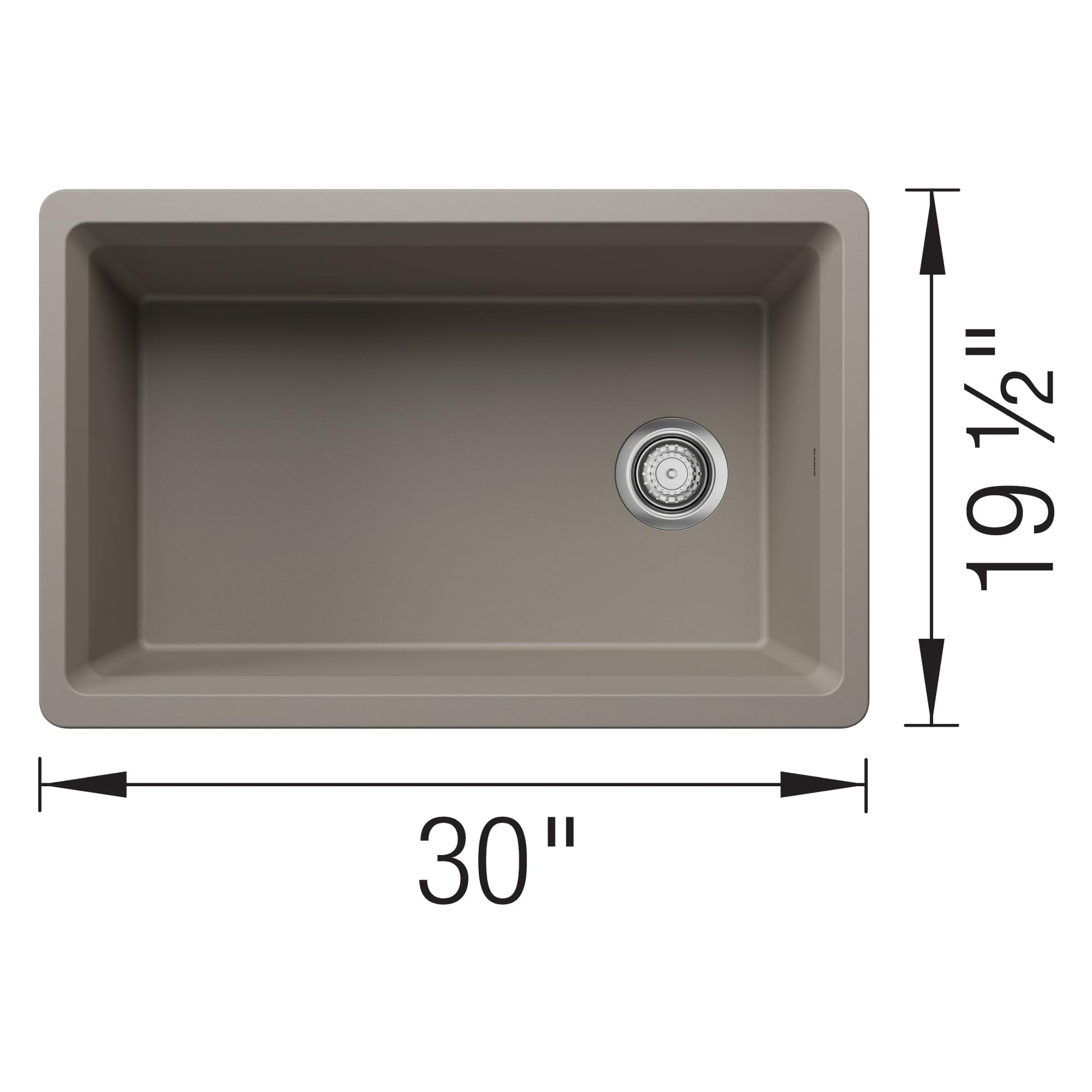 Truffle-colored single-basin kitchen sink with rounded corners and chrome drain fixture, measuring 30 inches wide.