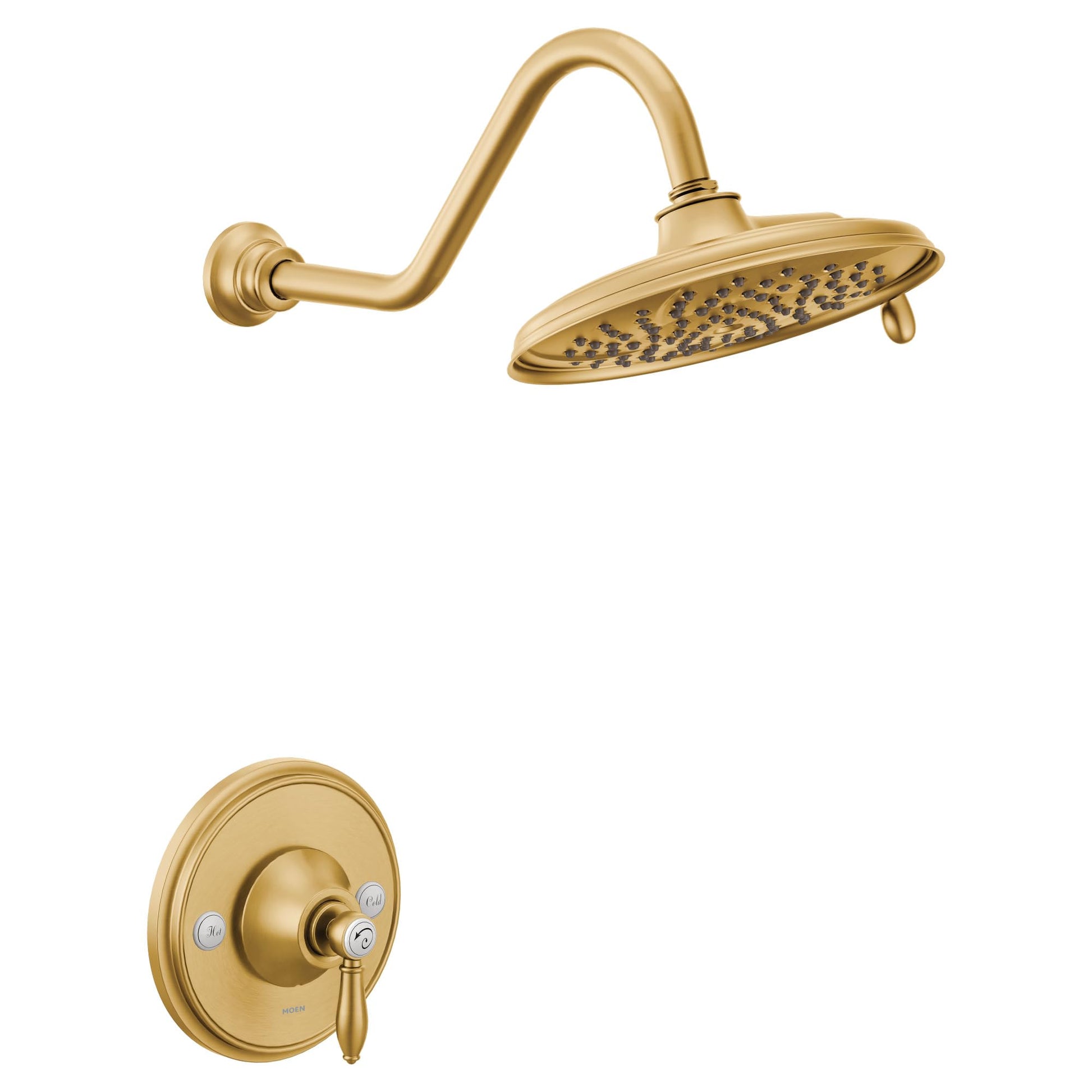 Brushed gold shower trim kit with 9-inch rainshower head, curved arm, and round valve trim with lever handle.