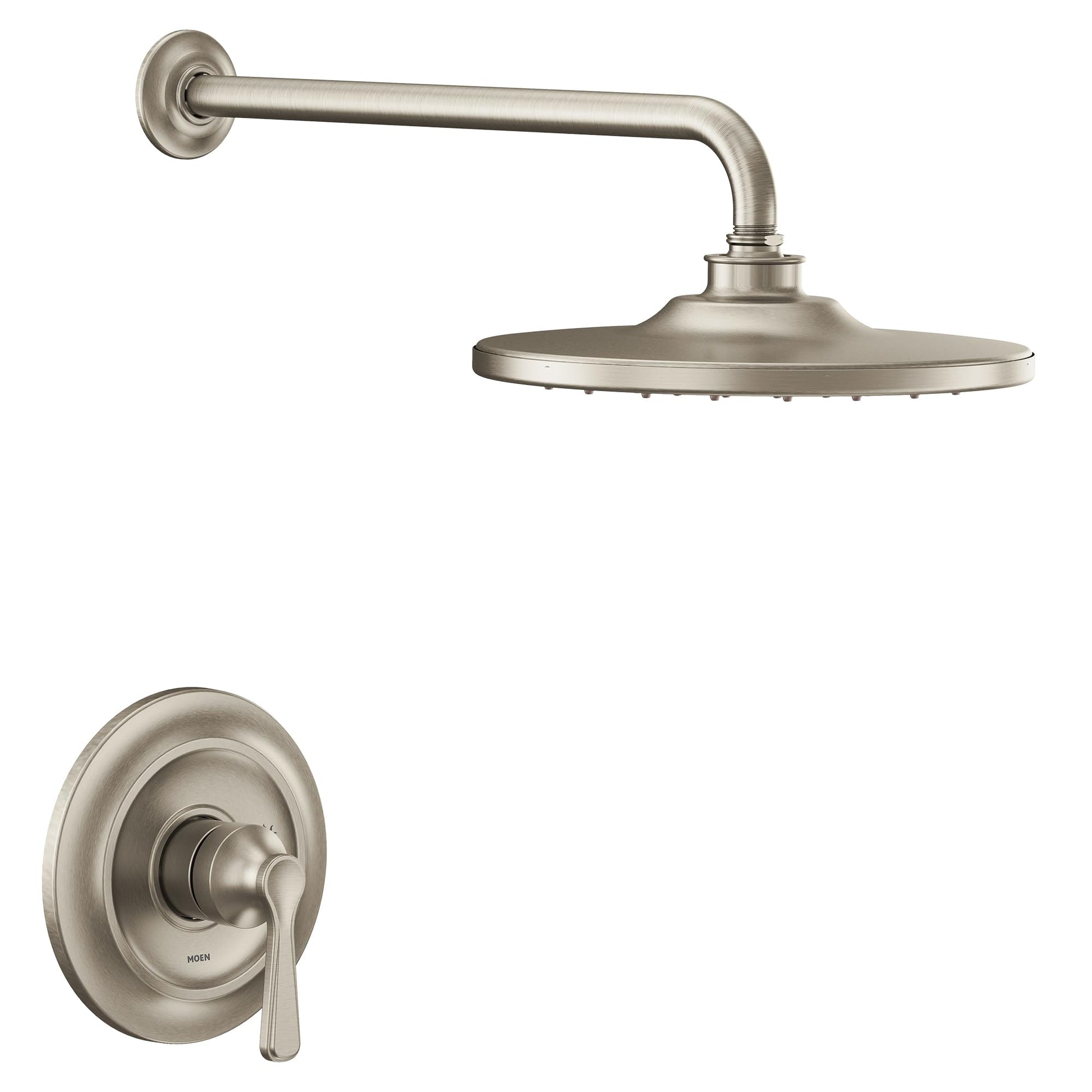 Brushed nickel shower trim kit with single lever handle, round showerhead, and curved arm mounted to wall.