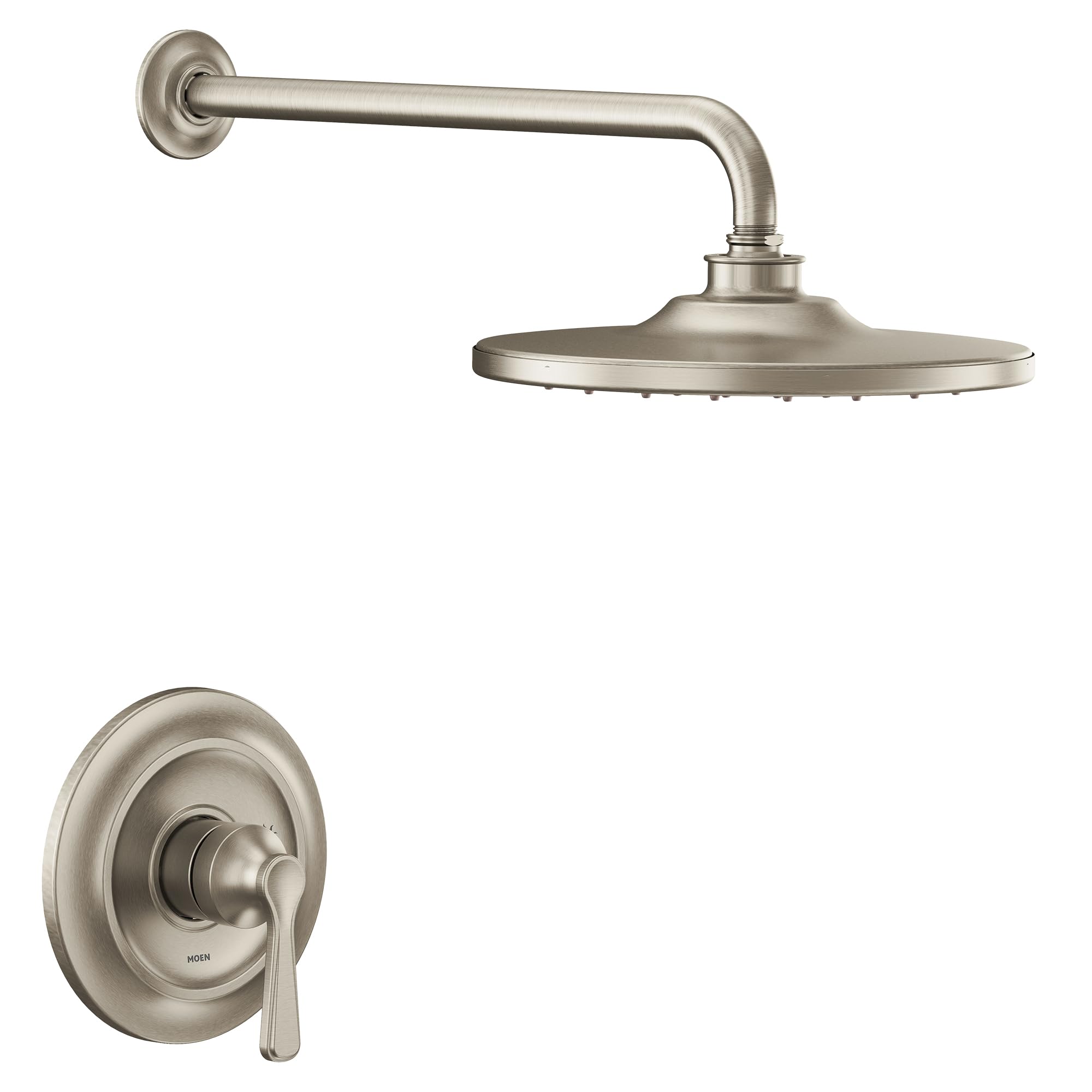 Brushed nickel shower trim kit with single lever handle, round showerhead, and curved arm mounted to wall.
