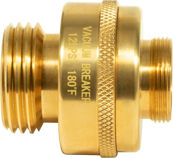 Brass vacuum breaker with threaded male connectors on each end and textured adjustment band in center.