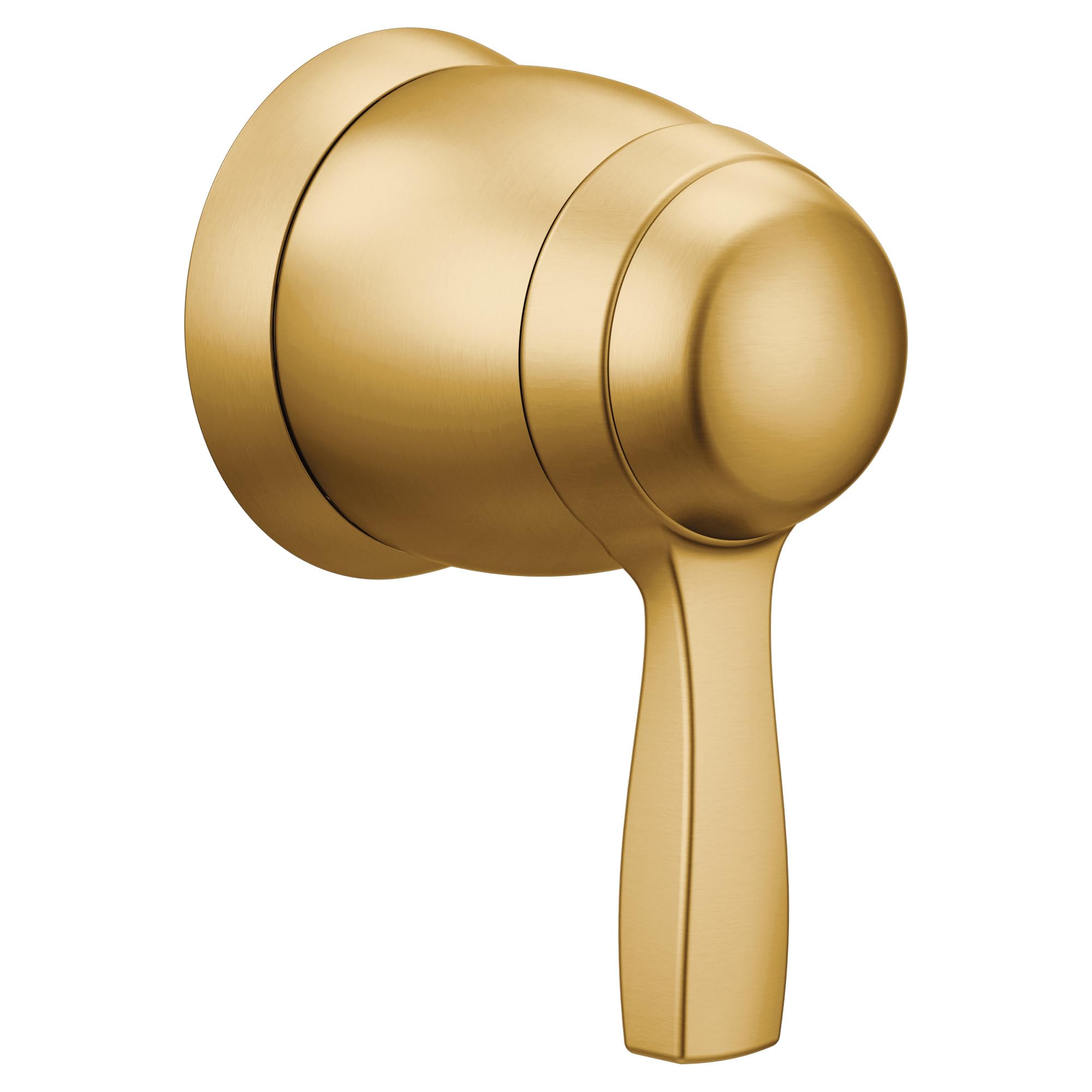 Brushed gold spherical volume control valve trim with rounded handle and cylindrical body.