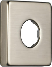 Stainless steel shower flange with brushed finish and oval opening for pipe connection.